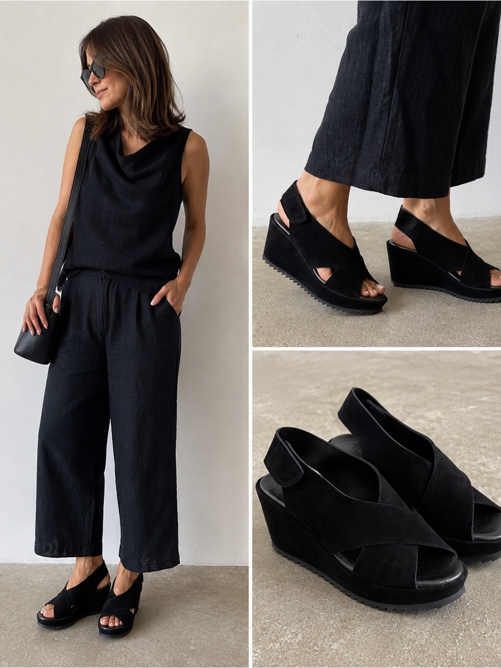 Pedro Garcia Federica Criss-Cross Wedge Sandals Black Castoro Suede EUC Size 38